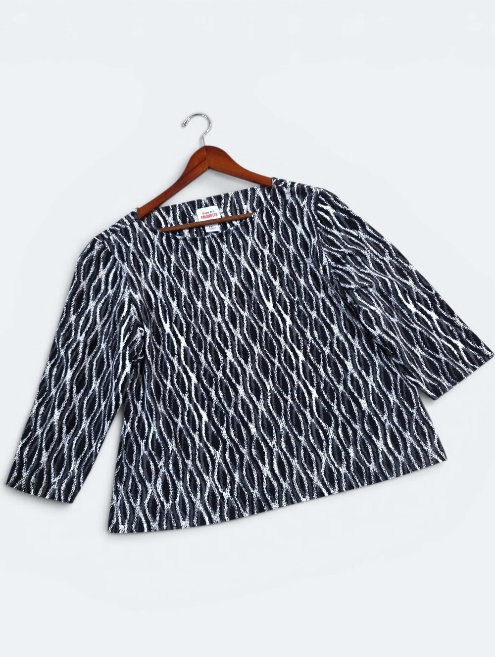 Ruby Rd. Petite XL Abstract Wavy Animal Knit Top 3/4 Sleeve Black White PXL